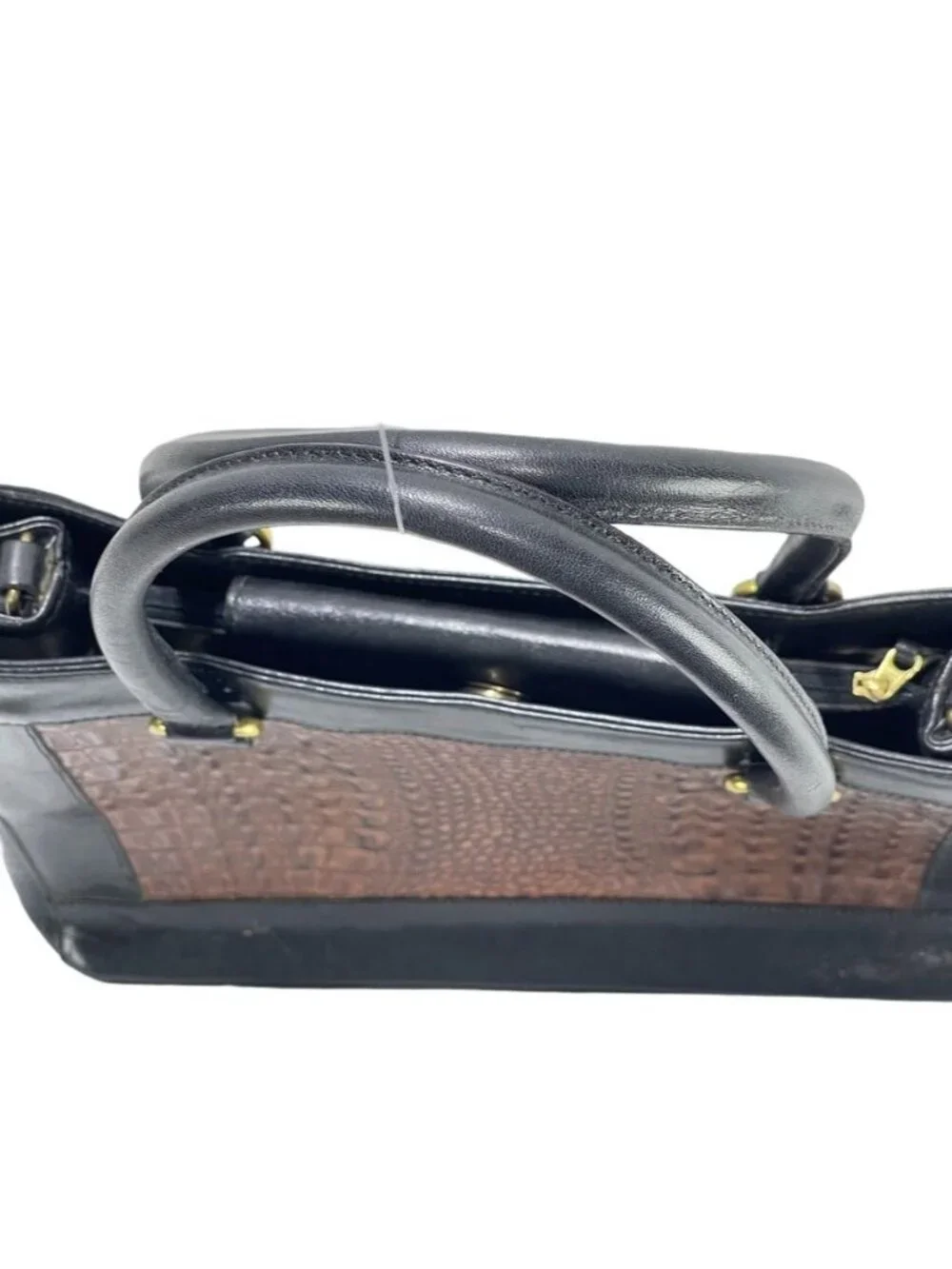 Vintage Brahmin Two-Tone Black & Brown Leather Crocodile Embossed Handbag With G
